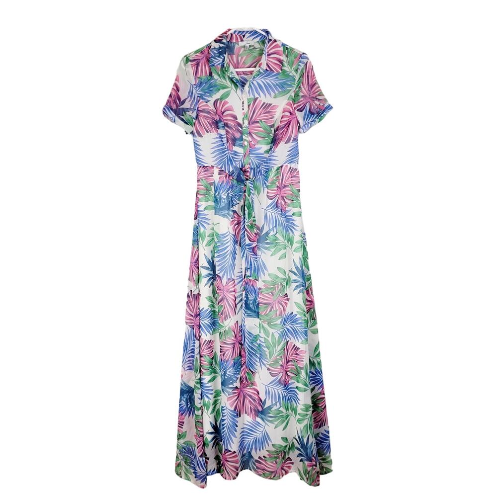 Vintage Jenn pink blue tropical tie front maxi shirt dress Sm Coconut Girl Retro